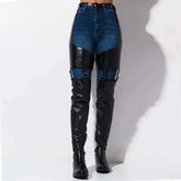 Black Low Heels Belt Thigh High Boots
