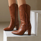 Brown Side Zipper Thick Heel Mid Boots