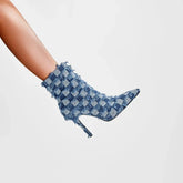 Kaky's Denim Pointed High Heel Plaid Oversized Women's Boots