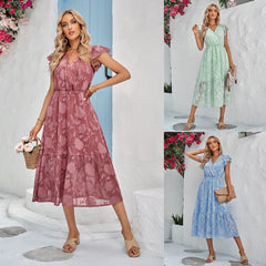 Rebecca V-Neck A-Line Dress: Floral Flutter Sleeve Surplice Midi