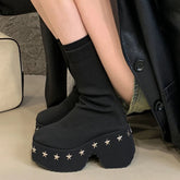 Thick-soled Platform Heel Riveted Ankle Boot Punk-style Women's Fall-winter Stretch Short Boots