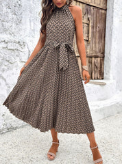 Women's Patterned Sleeveless Halterneck Midi Dress with Waist Tie