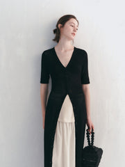 Long Knit Hollow-Out Short-Sleeve Cardigan