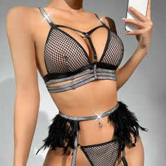 Strapy Sexy Crotchless Lingerie Set Black Sheer Mesh Lingerie Couples Bra Panties