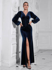 V neck Slit Long Sleeve Dress