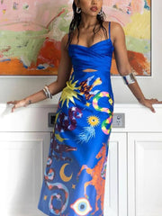 Summer Satin Backless Printed Sleeveless Midi Dress