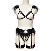 White Sexy Blonde Lingerie Set Wife Black Body Harness Lingerie Feather Bra Panties