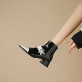 Women's Autumn Dong Diamond Pearl Flower Color Block Leather Mid Heel Extra Large Calf Zipper Chelsea Short Boots