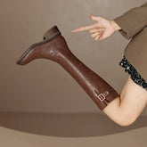 Women's Autumn/Winter Genuine Leather Cowhide Mid Heel Large Metal Belt Buckle and Knee Zipper High Barrel Knight Boots