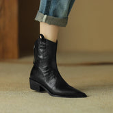 Women's Autumn/Winter Pointed Leather Cowhide Mid Heel Large Calf Retro Short Western Boots