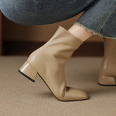 Women's Autumn and Winter Cowhide Square Toe Thick Heel Mid Heel Plus