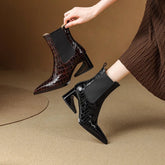 Women's Leather Embossed Pattern Cowhide Pointed High Heels With Irregular and Retro Chelsea Short Boots