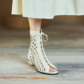 Women's Spring/Summer Genuine Leather Water Diamond Middle Heel Hollow Lacing Hole Open Toe Fish Mouth