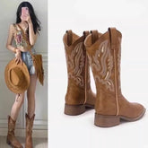 Women's autumn and winter embroidered round toe mid heel and calf retro Chelsea Western cowboy short Boots