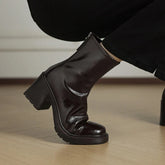 Women's autumn and winter genuine leather cowhide round toe and calf high-heeled zipper thick soled Chelsea short boots