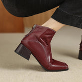 Women's autumn and winter genuine leather cowhide square toe and calf back zipper retro short Boots