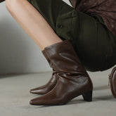 Women's autumn and winter genuine leather cowhide square toe and calf mid heel retro short Boots
