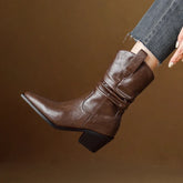 Women's autumn and winter leather cowhide pointed toe and calf high-heeled retro motorcycle short Boots