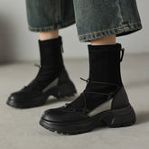 Women's autumn and winter leather cowhide round toe and calf high-heeled zipper elastic band thick soled elastic short boots