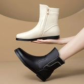 Women's autumn and winter leather cowhide side zipper low heel plus large round toe Chelsea short Boots