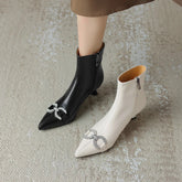 Women's autumn and winter pointed diamond embellishments with genuine leather cowhide middle heel