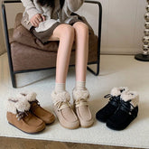 Women's autumn and winter round toe genuine leather cow suede mid heel height increasing lace up wool snow boots