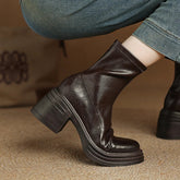 Women's autumn and winter round toe leather thick sole and calf high-heeled plus