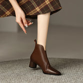 Women's autumn and winter square toe retro leather cowhide mid heel thick heel