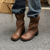 Women's autumn leather cowhide round toe European and American style lazy and simple high heels short Boots