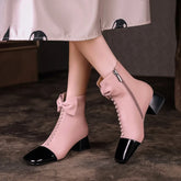 Women's butterfly bow leather sheepskin square head zipper color blocked thick heel