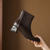 Women's genuine leather cow suede cowhide rhinestone mid heel plus