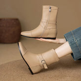 Women's genuine leather cowhide round toe with raised buckle