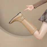 Women's leather and cowhide round head side zipper knee length high rise mid heel plus