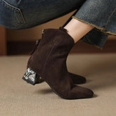 Women's leather cow suede rhinestone mid heel plus retro and calf zipper Chelsea short Boots