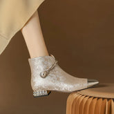 Women's leather cowhide pearl belt buckle color blocked rhinestone low heel square toe Chelsea short Boots