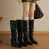 Women's leather cowhide pointed toe and knee metal buckle high heels retro motorcycle high Boots