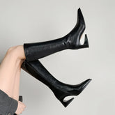 Women's leather cowhide pointed zipper high heels with irregular and retro Western style boots