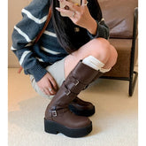 Women's leather cowhide round toe high-heeled thick soled metal belt buckle and knee high Boots