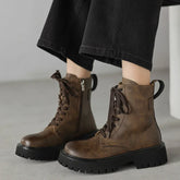 Women's leather cowhide round toe lace up thick bottom zipper mid heel retro short Boots