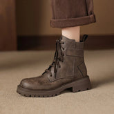 Women's leather cowhide round toe retro mid heel handmade plus