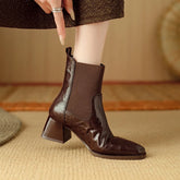 Women's leather cowhide thick heel high-heeled oversized retro elastic tube mouth and calf short boots