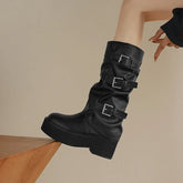 Women's leather cowhide thick soled metal belt buckle and calf high-heeled mid leg motorcycle Boots