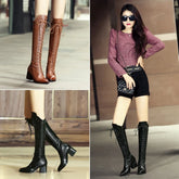Women's leather embossed pattern cowhide high-heeled high heels with large straps and knee rivets