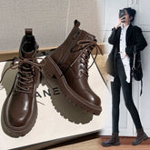 Women's retro leather cowhide round toe mid heel and calf strap zipper thick soled short Boots