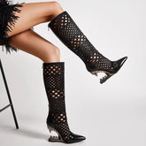Women's spring and summer pointed metal belt buckle breathable hollow zipper high heels long Boots