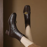 Women's square metal belt buckle retro high heels handmade oversized zipper and calf short Boots