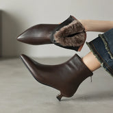 Women's winter genuine leather sheepskin warm lamb hair pointed toe mid heel plus