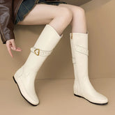 Women's winter leather cowhide metal belt buckle mid heel plus plus round toe and knee Boots