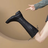 Women's winter leather cowhide side zipper elastic mid heel plus large round toe and knee Boots