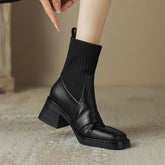 Women's winter leather cowhide square toe high-heeled thick soled retro and calf Chelsea short Boots